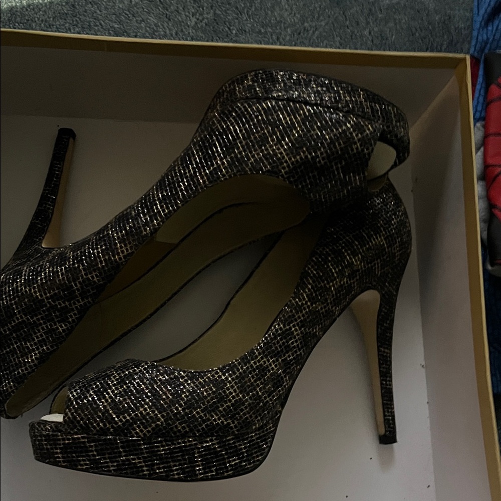 Michael Kors Black and Gold Peep-Toe Heels